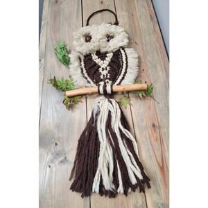Large 36” Vintage 1970s Macrame Owl Wall Hanging Boho Jute Fringe Retro Decor